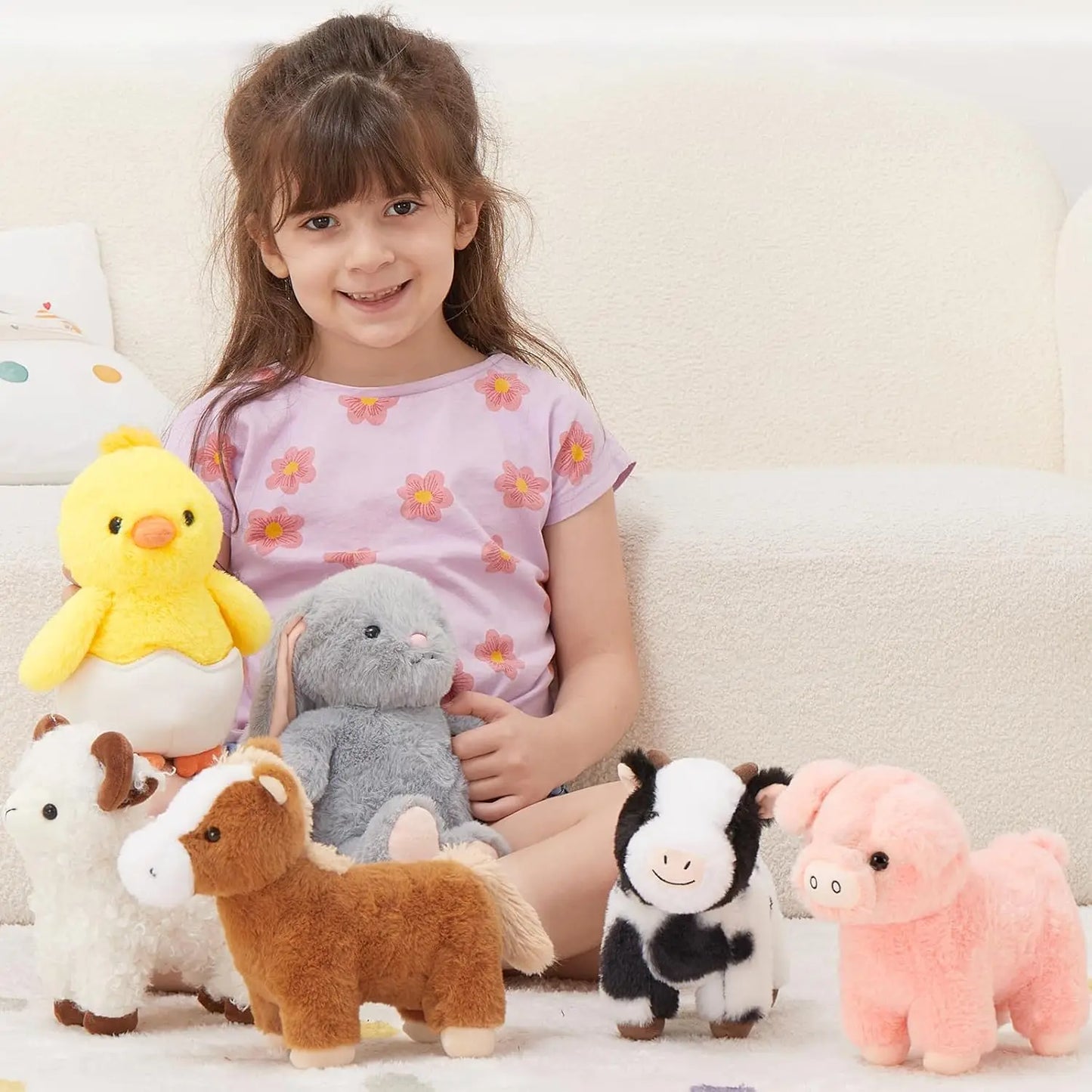 MorisMos Plush Farm Animal Stuffed Animals Bulk, 6Pcs Barnyard Farm Animals Toy with Cow/Horse/Sheep/Pig/Easter Bunny & Chick