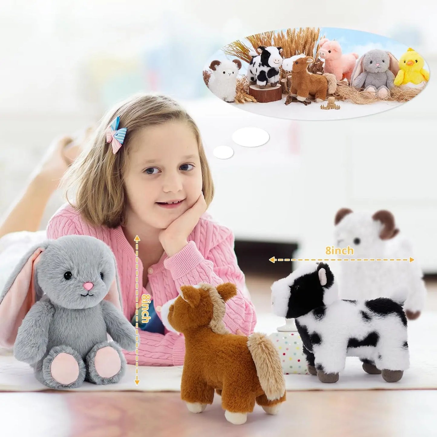 MorisMos Plush Farm Animal Stuffed Animals Bulk, 6Pcs Barnyard Farm Animals Toy with Cow/Horse/Sheep/Pig/Easter Bunny & Chick