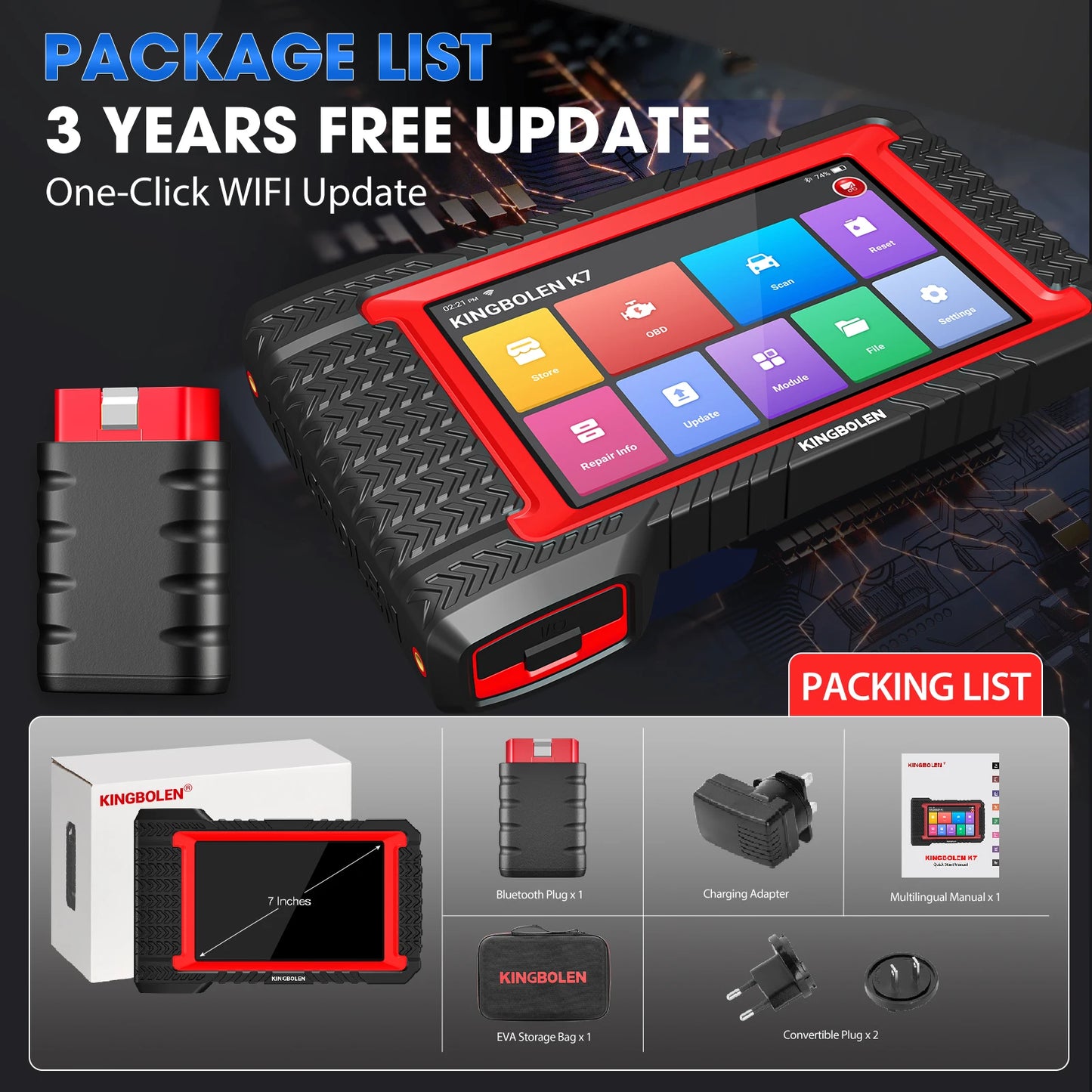 KINGBOLEN K7 OBD2 Scanner ECU Coding Active Test 28 Resets AF Reset ALL System Diagnostic Tools CANFD FCA Lifetime Free Update