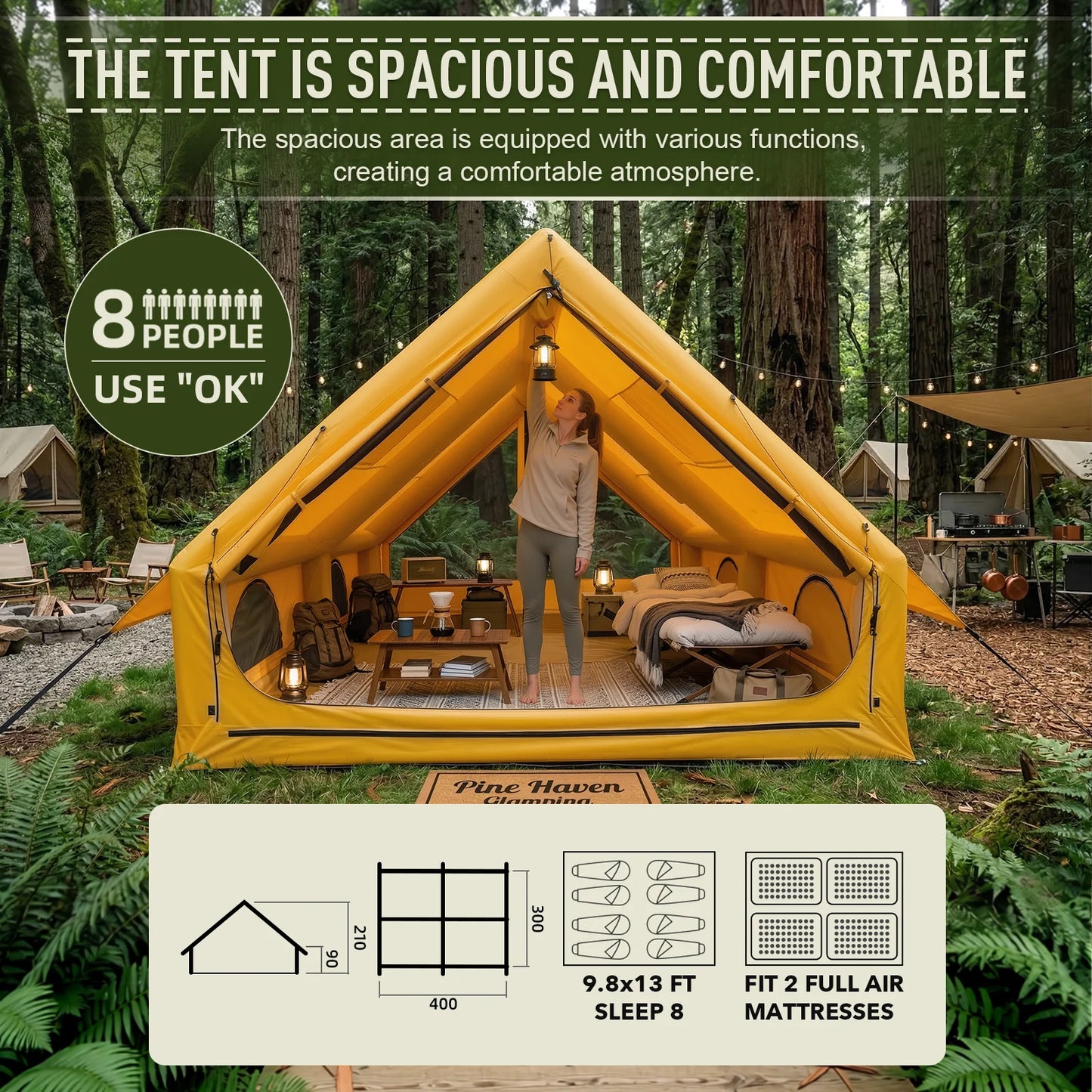 129 Square Feet Inflatable Camping Tent 6-8 Person,Waterproof Oxford Inflatable Tent House with Hand Pump for All Season