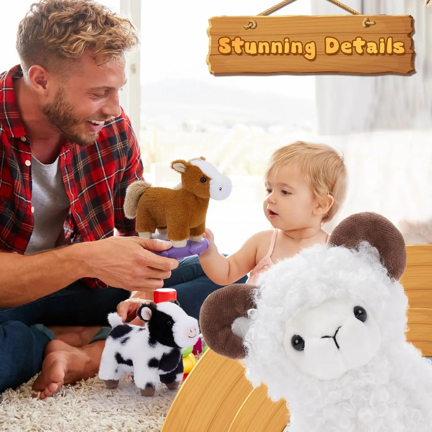 MorisMos Plush Farm Animal Stuffed Animals Bulk, 6Pcs Barnyard Farm Animals Toy with Cow/Horse/Sheep/Pig/Easter Bunny & Chick