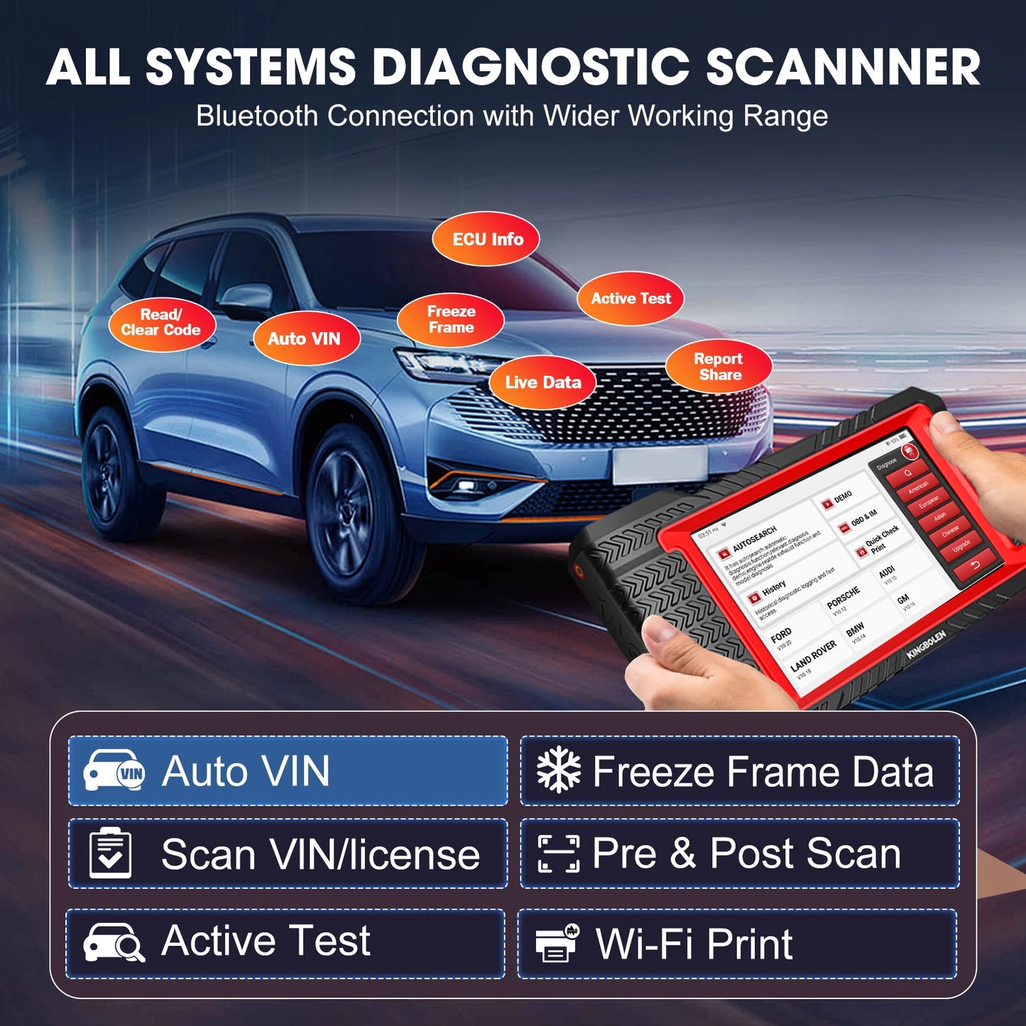 KINGBOLEN K7 OBD2 Scanner ECU Coding Active Test 28 Resets AF Reset ALL System Diagnostic Tools CANFD FCA Lifetime Free Update