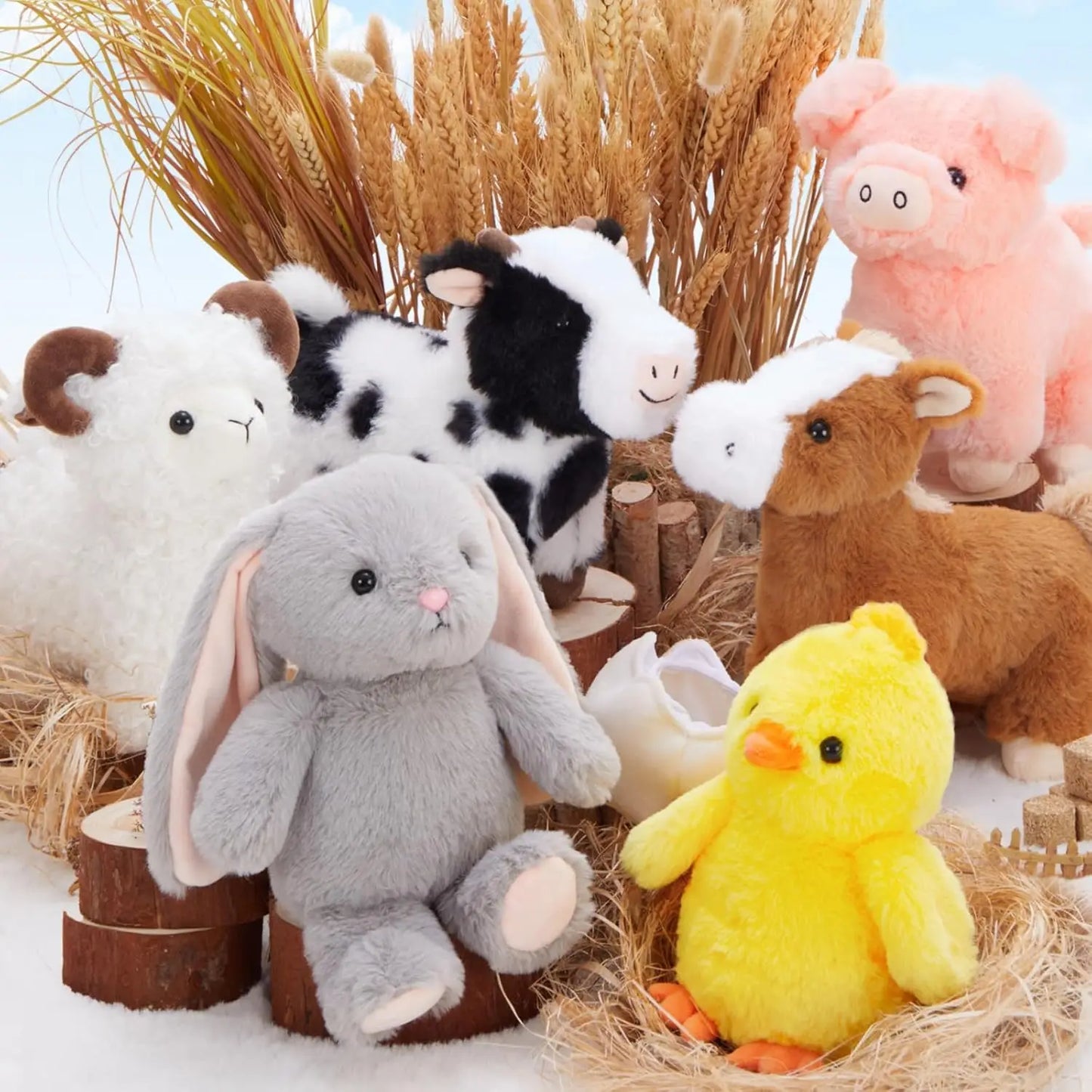 MorisMos Plush Farm Animal Stuffed Animals Bulk, 6Pcs Barnyard Farm Animals Toy with Cow/Horse/Sheep/Pig/Easter Bunny & Chick